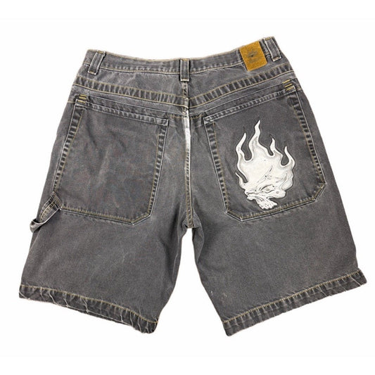 JNCO Flaming Skull baggy loose faded black denim shorts, vintage, L/XL (38 in waist)