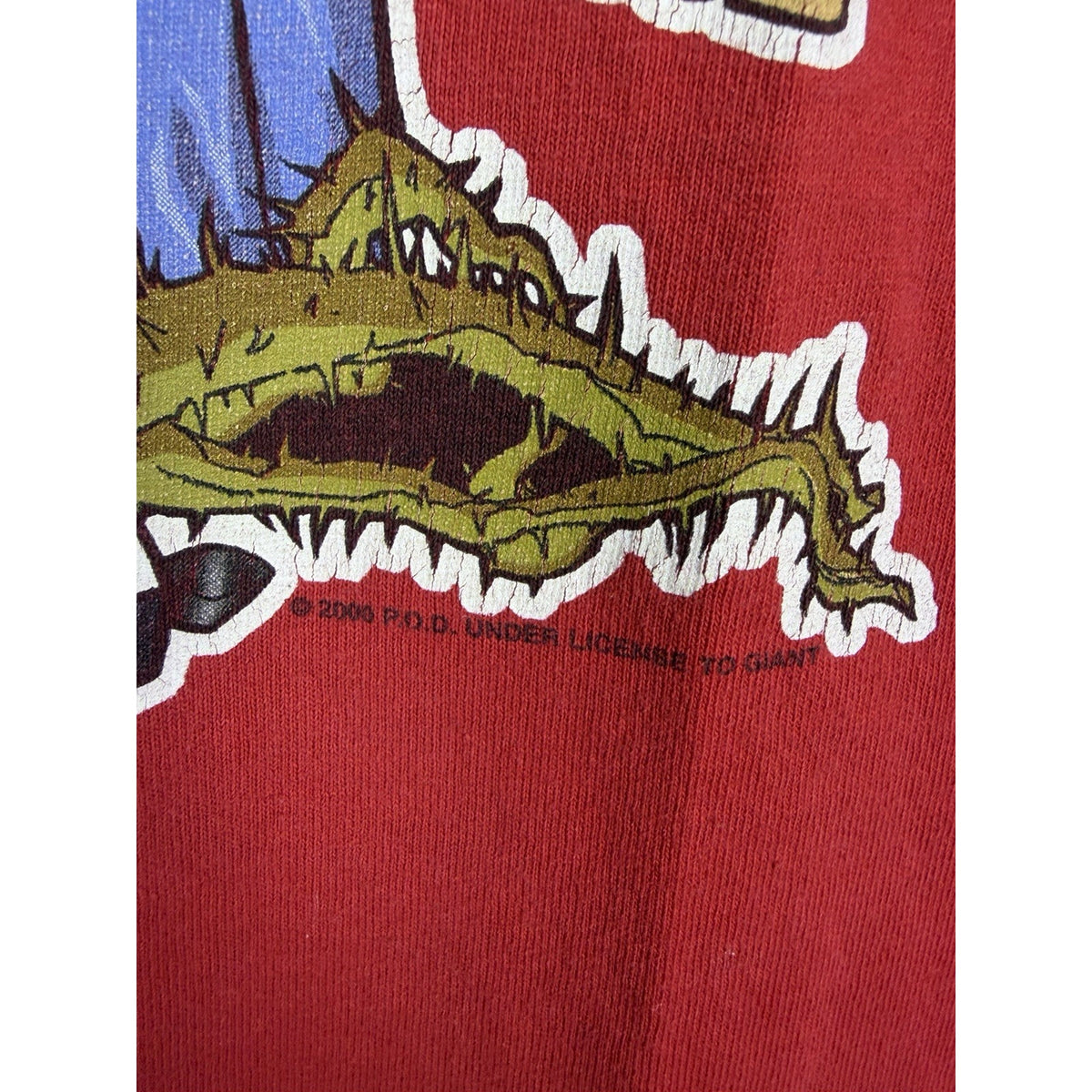 Vintage 2000 P.O.D. Payable on Death cartoon tee, thrashed, L