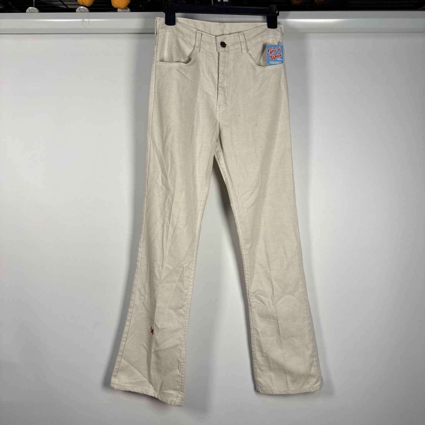 1970s Levi’s Sta-Prest Big E Black Tab Flared White Embellished Pants 28x31