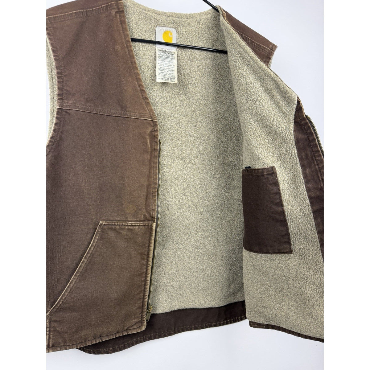 Distressed Carhartt V26 DKB brown sherpa lined Sandstone duck vest, 2008, XL