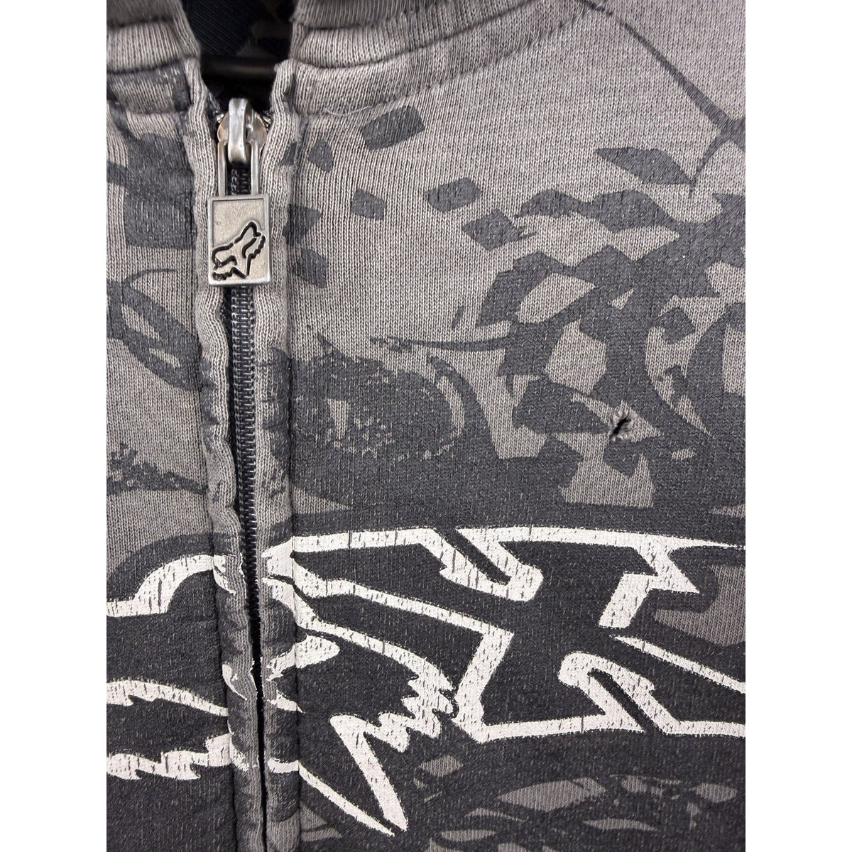 Vintage Y2K Fox Racing tribal all-over print zip hoodie, thrashed, XL