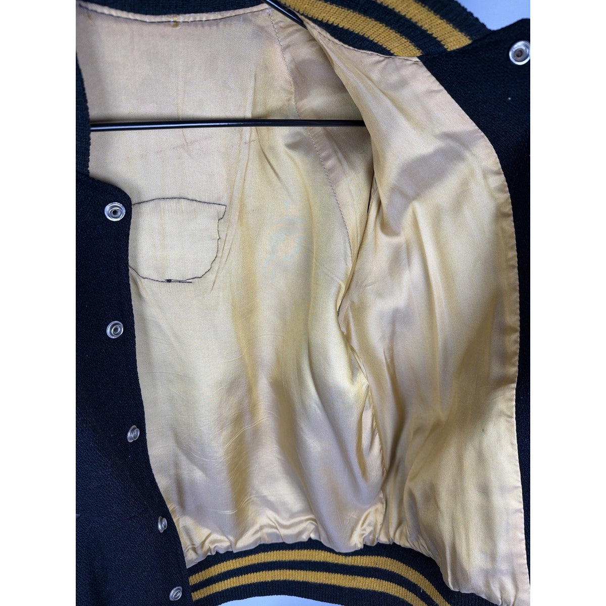 Vintage 1940s-50s black wool and gold leather varsity jacket, H patch