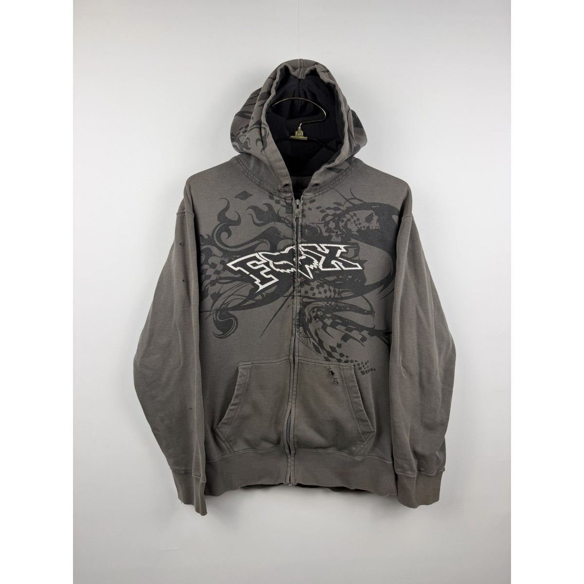 Vintage Y2K Fox Racing tribal all-over print zip hoodie, thrashed, XL