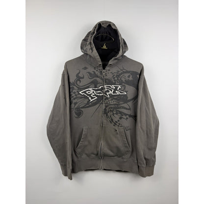 Vintage Y2K Fox Racing tribal all-over print zip hoodie, thrashed, XL