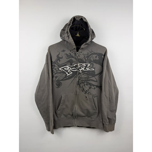 Vintage Y2K Distressed Fox Racing Hoodie Rare Tribal Zip Up Hood Print XL 24x27