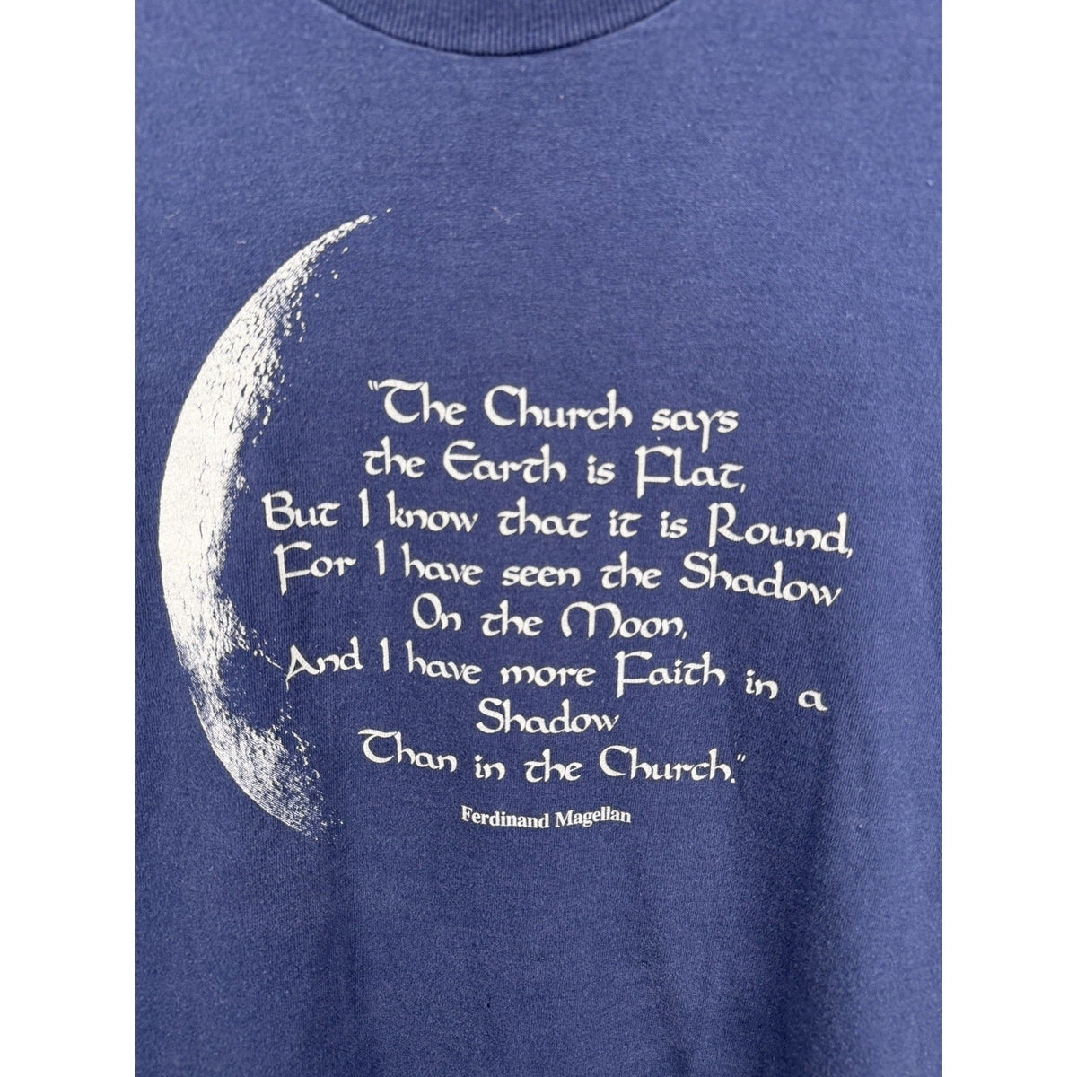 Vintage 90s Fruit of the Loom Ferdinand Magellan Flat Earth T-Shirt Mens L Blue