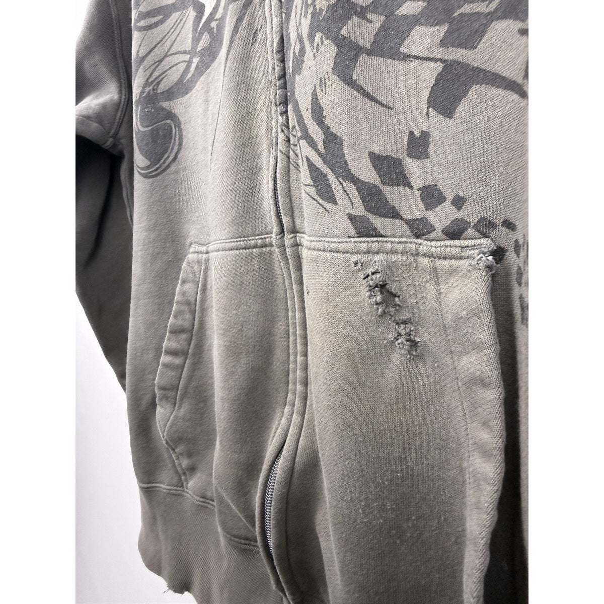 Vintage Y2K Fox Racing tribal all-over print zip hoodie, thrashed, XL