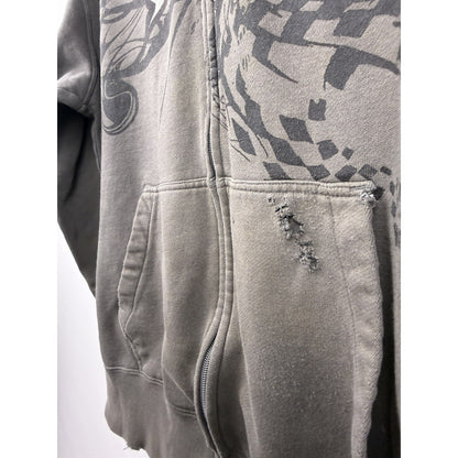Vintage Y2K Fox Racing tribal all-over print zip hoodie, thrashed, XL