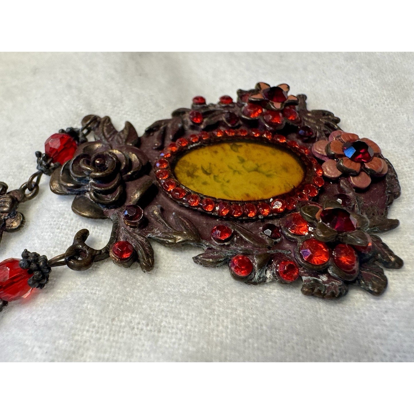 Antique Victorian Painted Glass Floral Necklace Bronze Red Glass Pendant