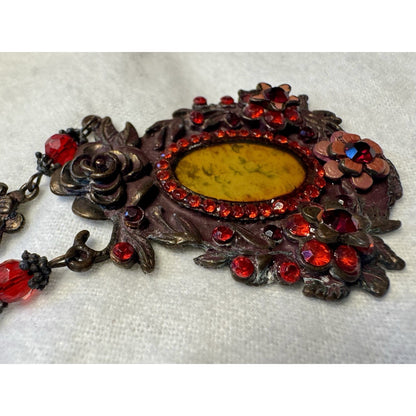 Antique Victorian Painted Glass Floral Necklace Bronze Red Glass Pendant