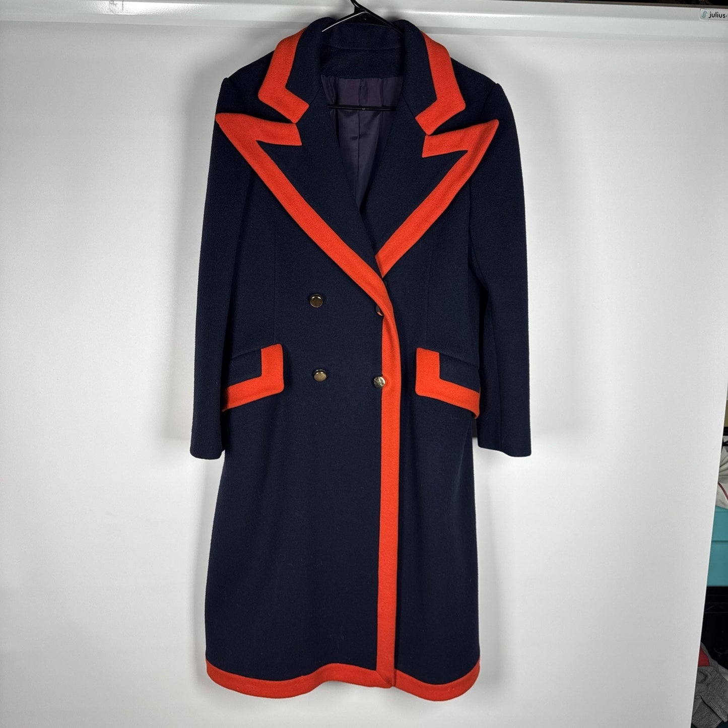 Vtg 1960s Lord & Taylor Navy Red Wool Overcoat Union Made Oversized Collar M/L