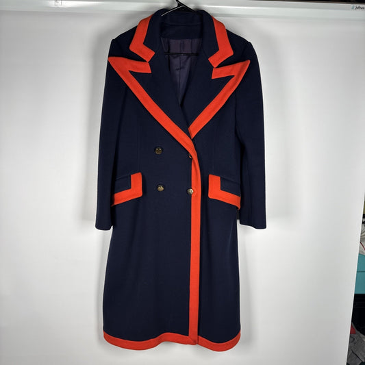 Vtg 1960s Lord & Taylor Navy Red Wool Overcoat Union Made Oversized Collar M/L