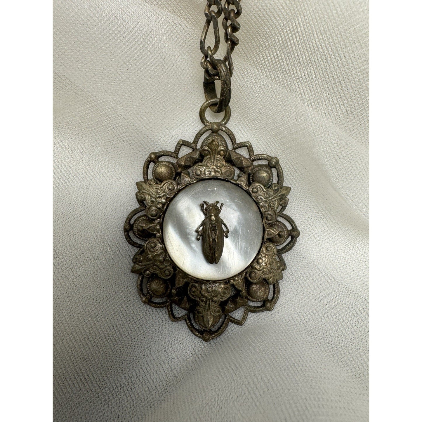 Antique c. 1820–1845 Mother-of-Pearl Cicada Necklace, Open Metalwork Hand Made