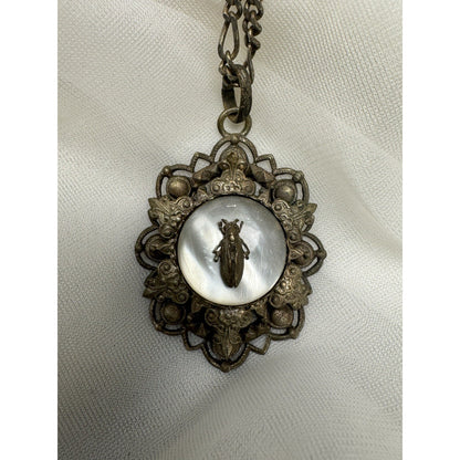 Antique c. 1820–1845 Mother-of-Pearl Cicada Necklace, Open Metalwork Hand Made