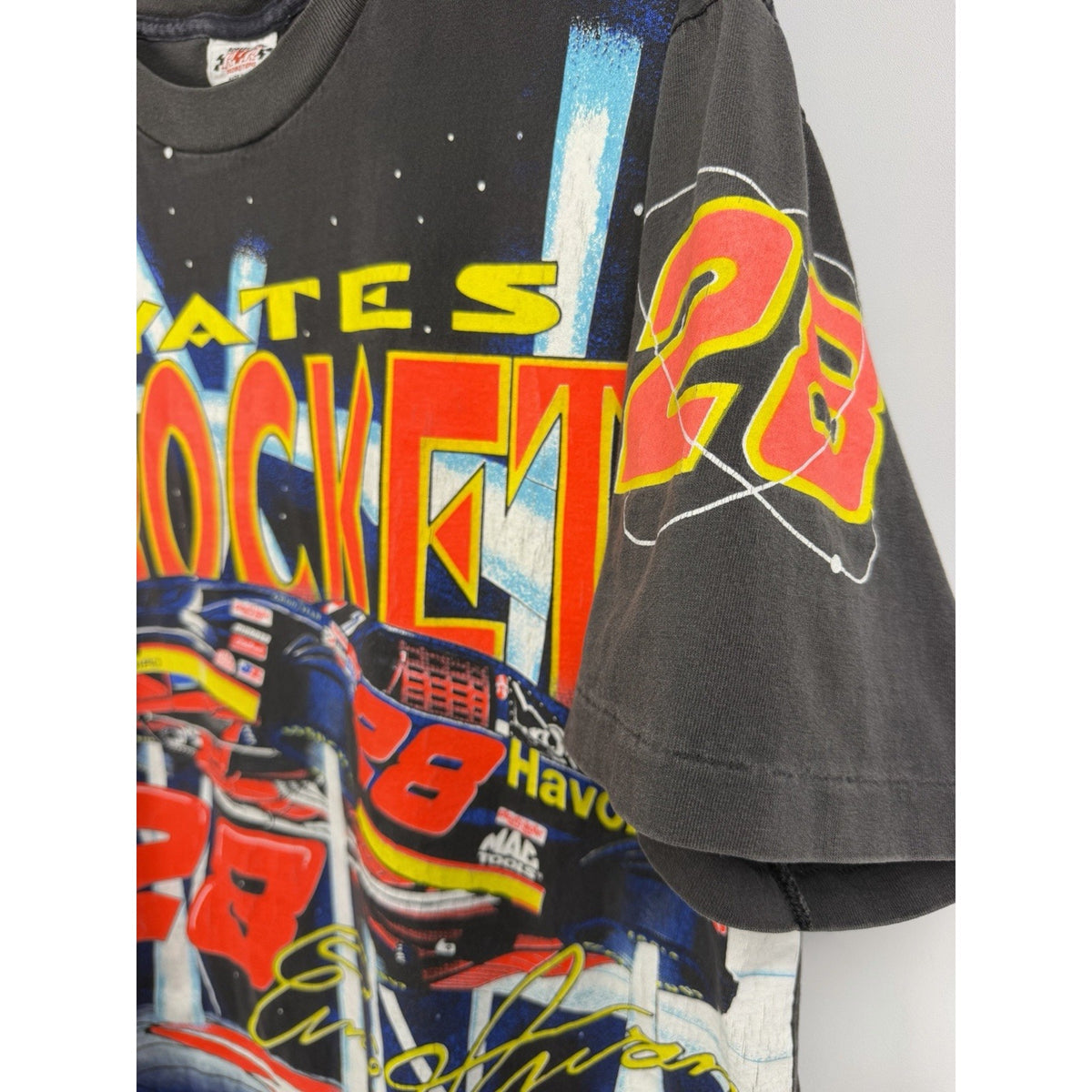 Vintage 90s Ernie Irvan Yates Rocket Nascar all over print tee, XL