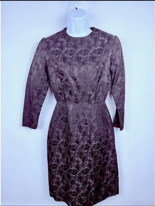 Black brocade wiggle mini dress, rose damask, 1960s, S
