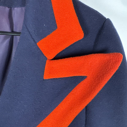 Vtg 1960s Lord & Taylor Navy Red Wool Overcoat Union Made Oversized Collar M/L