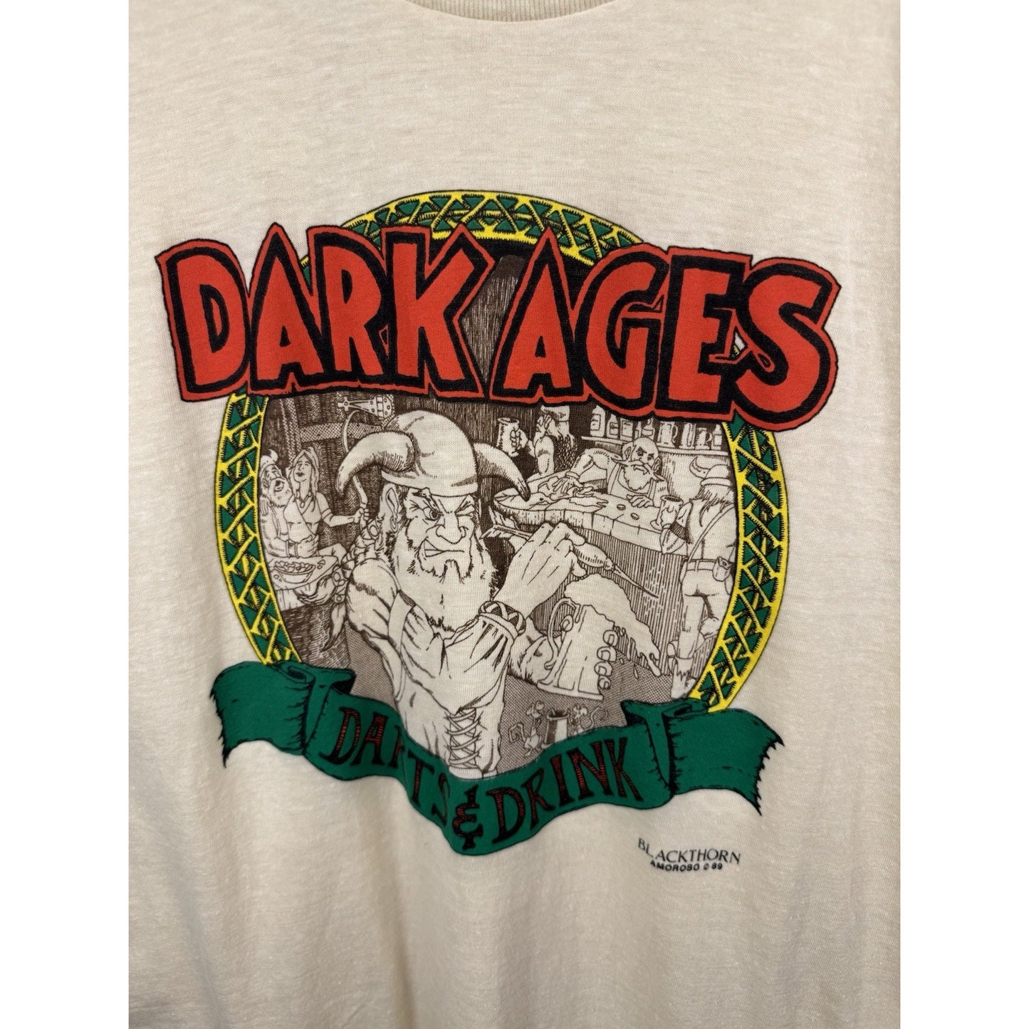 Vintage 1989 Black Thorn Dark Ages Darts & Drinks Amoroso Fantasy Shirt 20"x29"