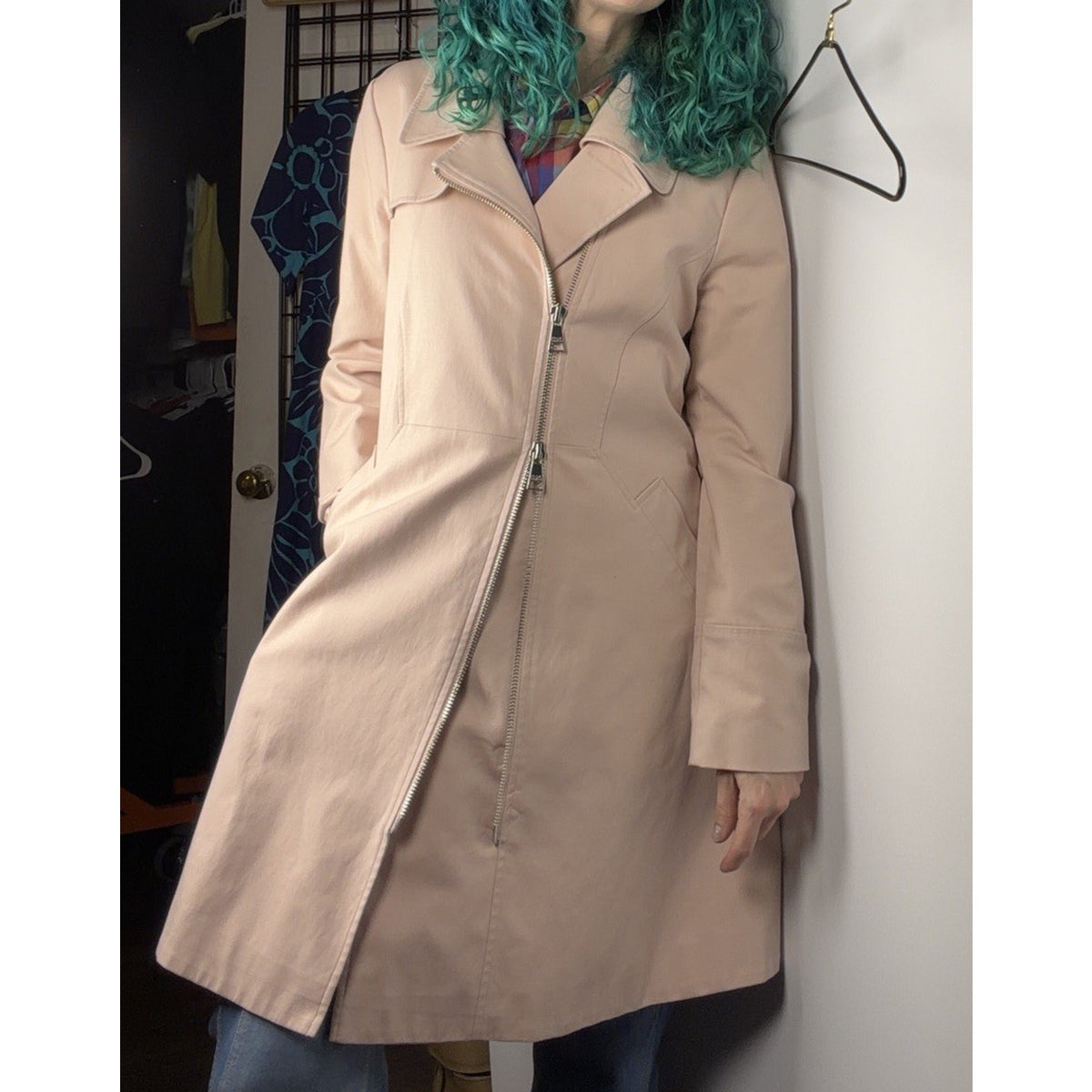 Karl Lagerfeld Blush Pink Cotton Blend Moto Zip Trench Lightweight Sz Med