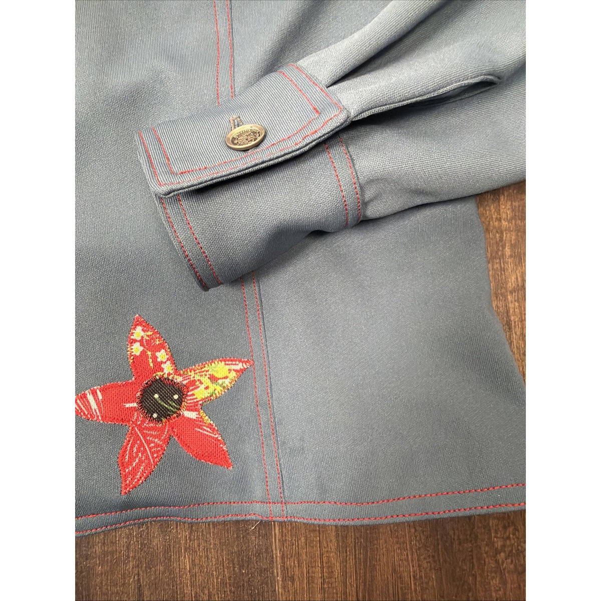 Vtg 70s Poly Chambray Folk Art Shirt Patchwork Appliqué Flowers Hippie