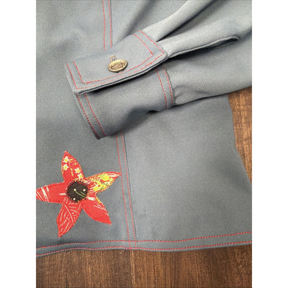 Vtg 70s Poly Chambray Folk Art Shirt Patchwork Appliqué Flowers Hippie