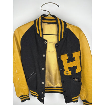 Vintage 1940s-50s black wool and gold leather varsity jacket, H patch