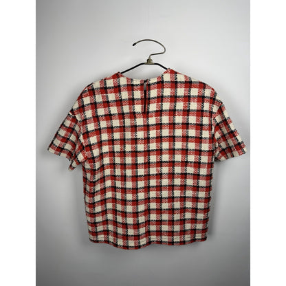 N21 Women Boucle Cotton Woven Top Large Blue/red/white Plaid 40 21x24