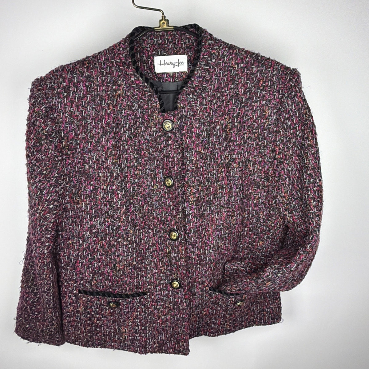 Vintage Henry Lee pink, black and gold boucle tweed boxy jacket, L/XL