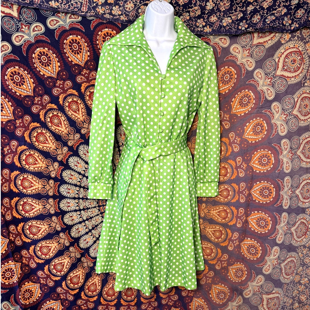 Hello Dotty, green polkadot dress (1970s)