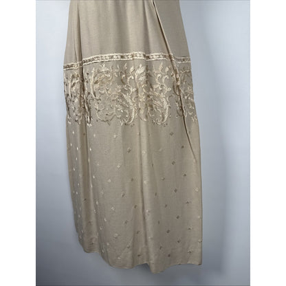 1950s Embroidered Tan Wiggle Pencil Dress - XS