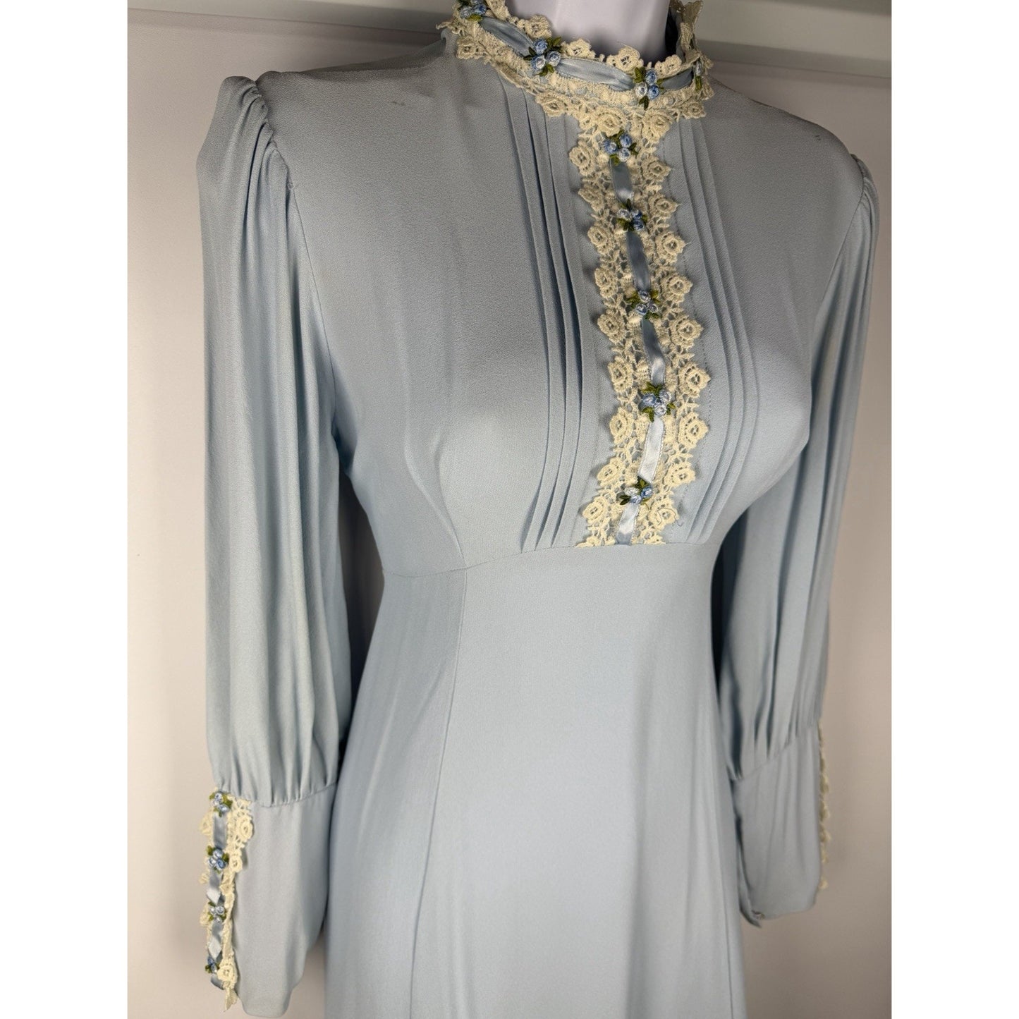 VTG 1970s handmade Womens Blue Lace Prairie Maxi Gown Boho 70s Size 11