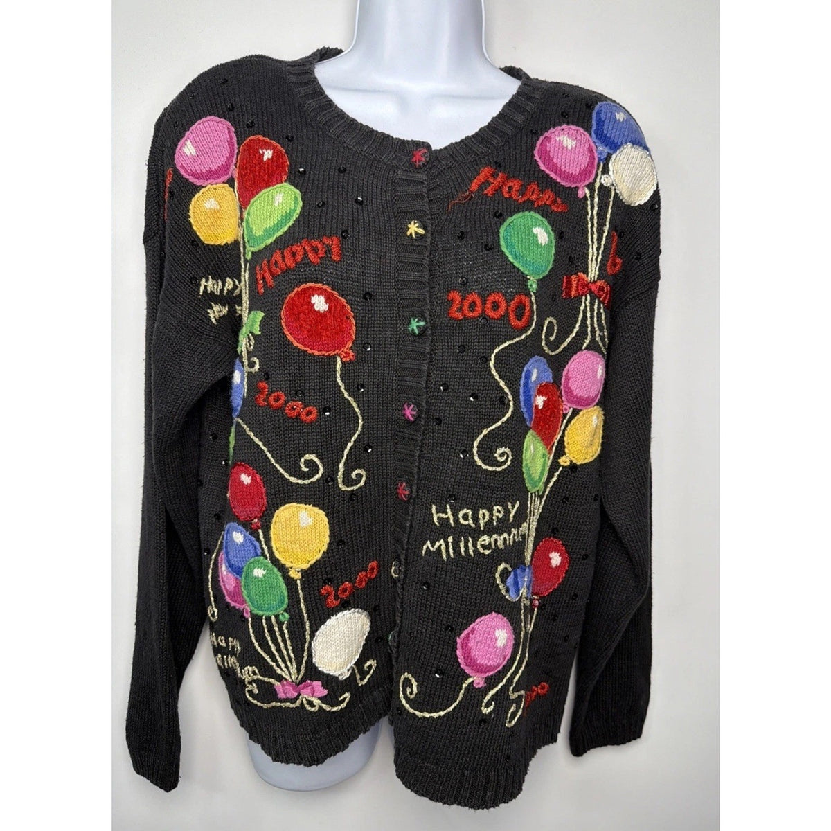 Vintage Y2K Happy New Year Heirloom Collectibles Sweater Womens Medium Black