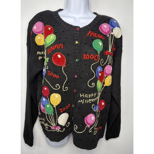 Vintage Y2K Happy New Year Heirloom Collectibles Sweater Womens Medium Black
