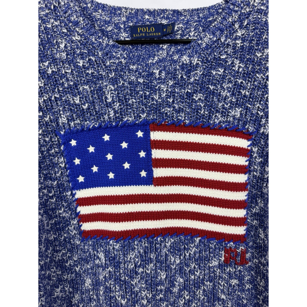 Polo Ralph Lauren American Flag Knit Sweater Blue White Marled Womens Medium