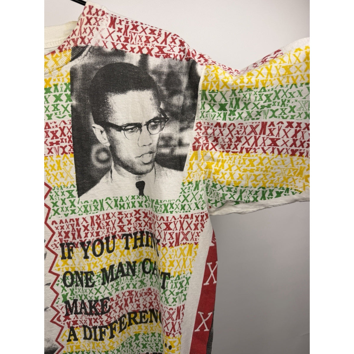 Vintage 90s Malcolm X "By Any Means Necessary" all over print tee, L
