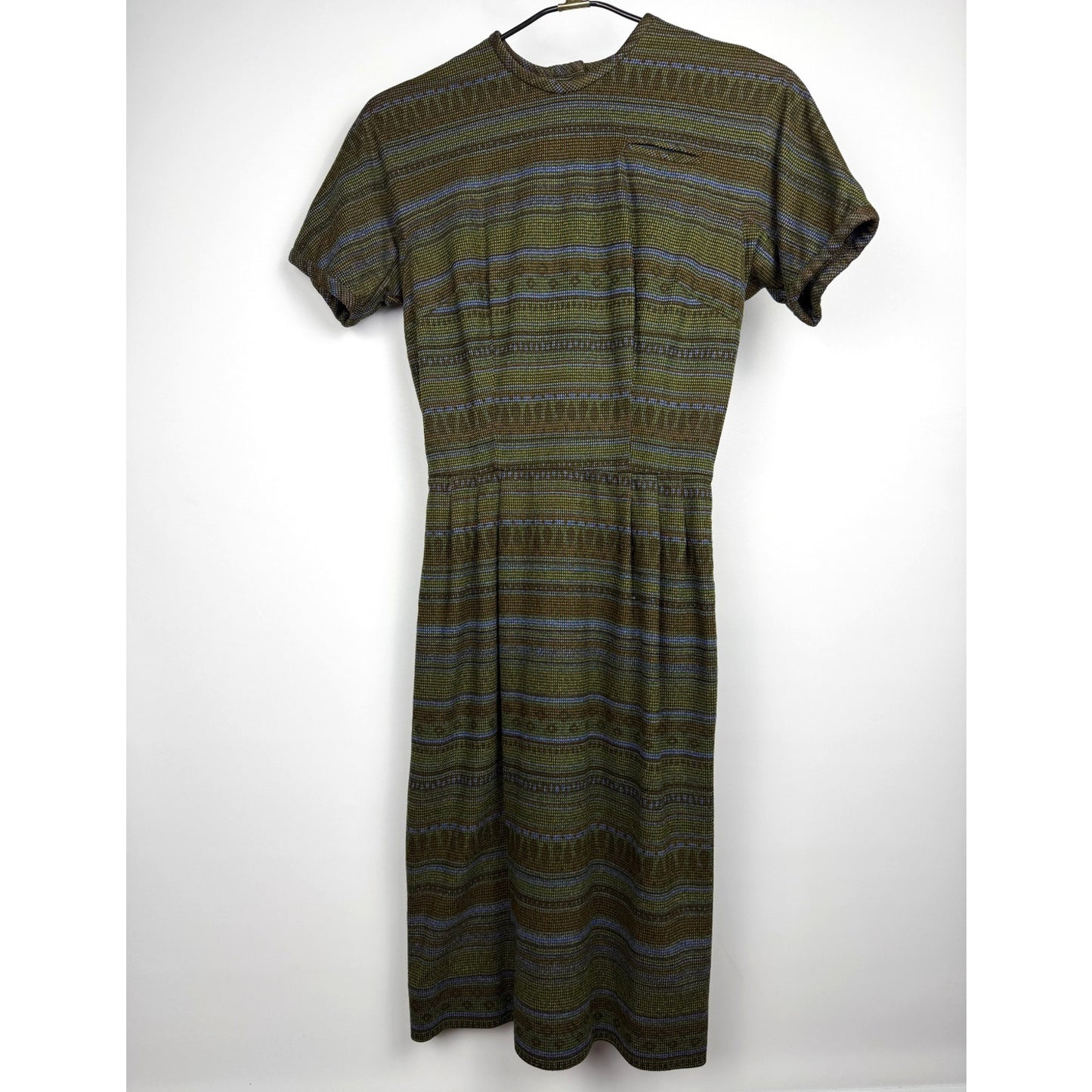 Vintage 40s 50s Soft Abstract Stripes Art button-back Dress XS MCM green brown