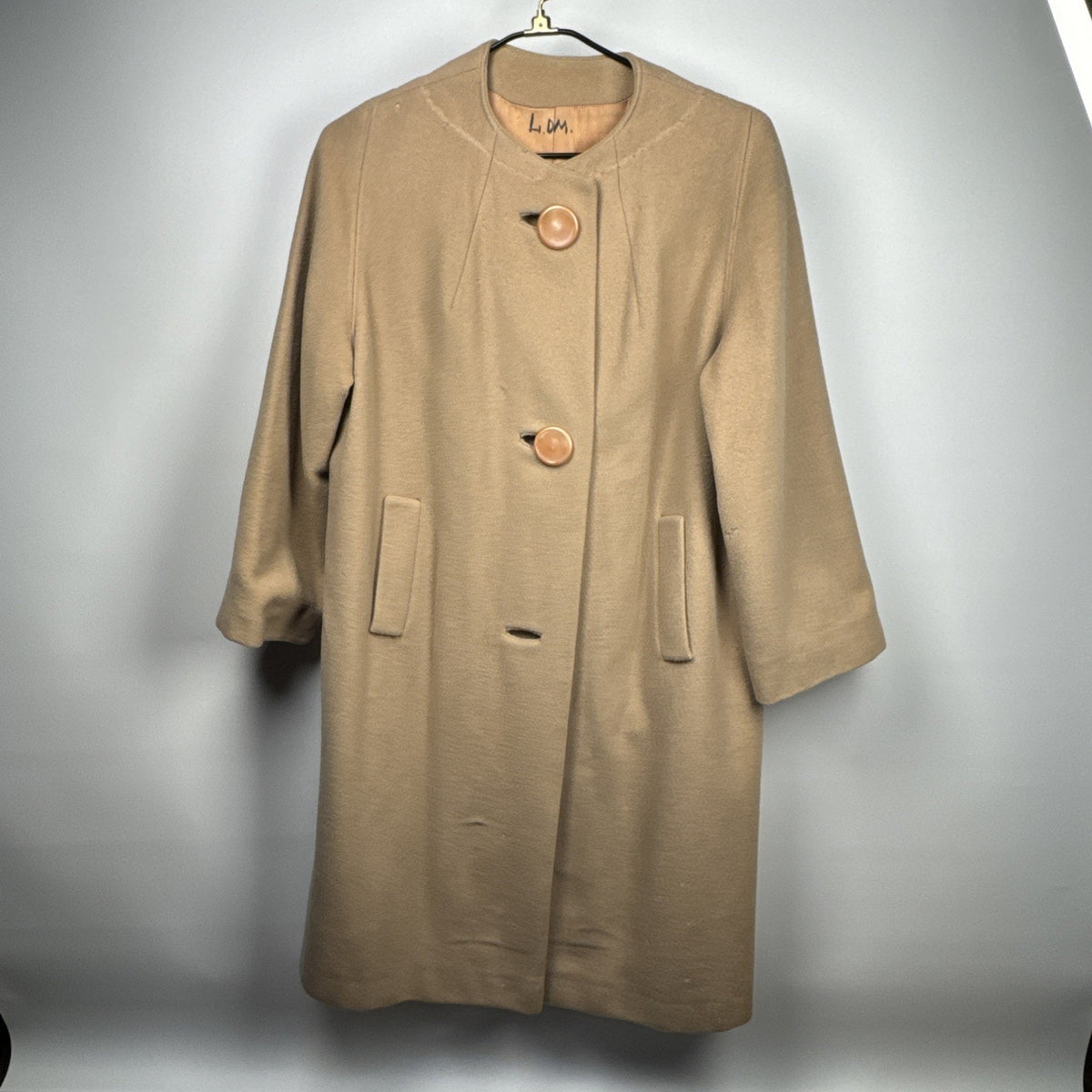 Vintage 1960s cream cashmere coat, silk lined, flawed, M/L