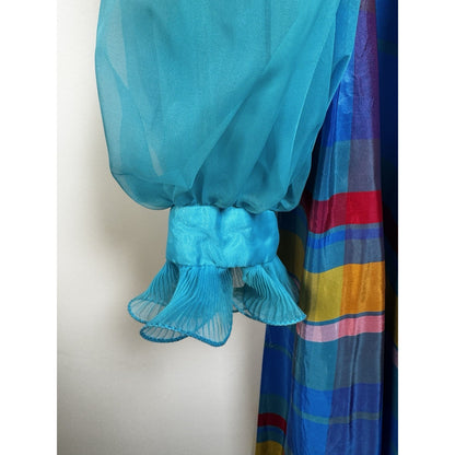 Vintage 1970s Dress Maxi Chiffon Overlay Bow Blue Pink Plaid L/XL Stunning