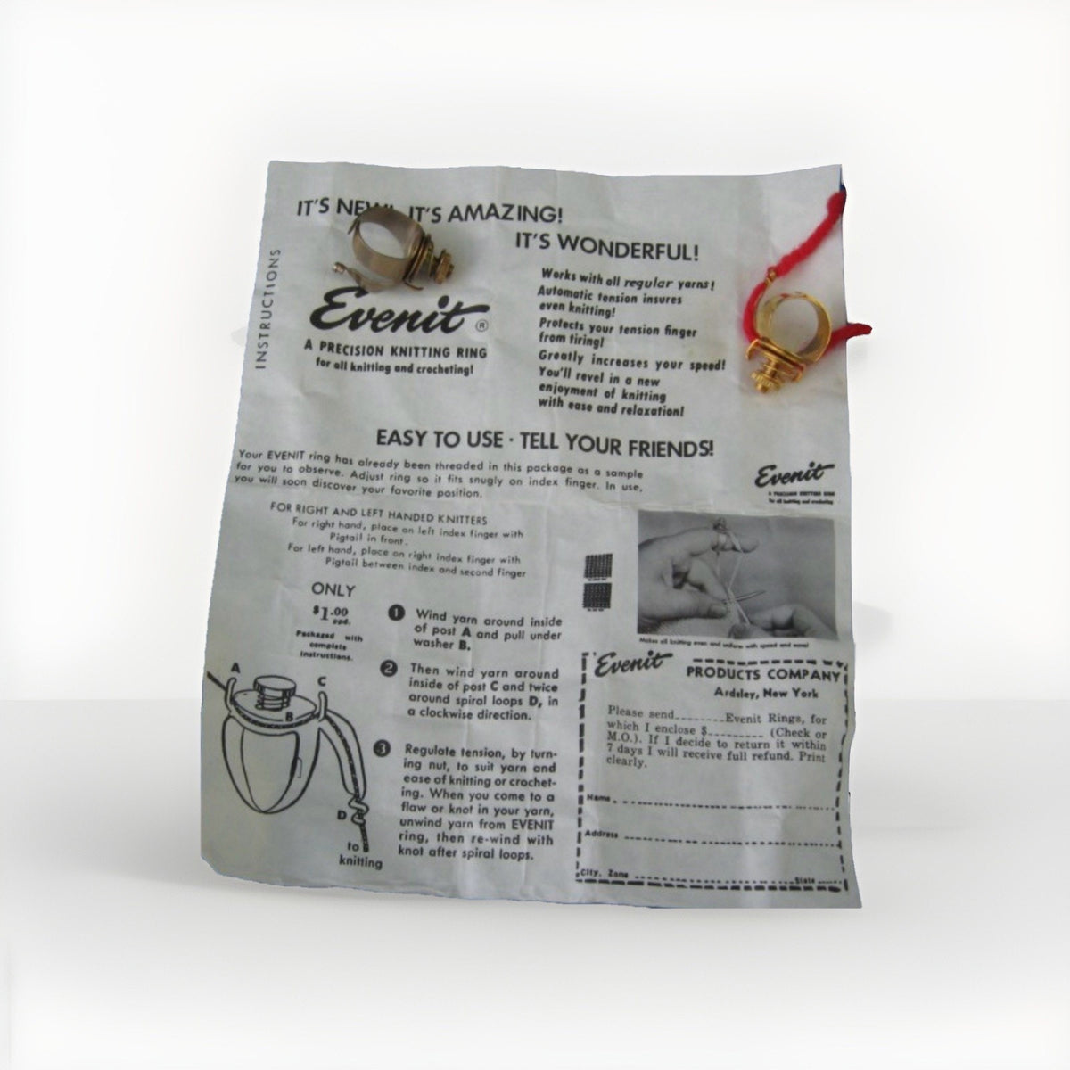 Vintage RARE Evenit Even-it Knitting Yarn Tension Ring Crane Products Precision