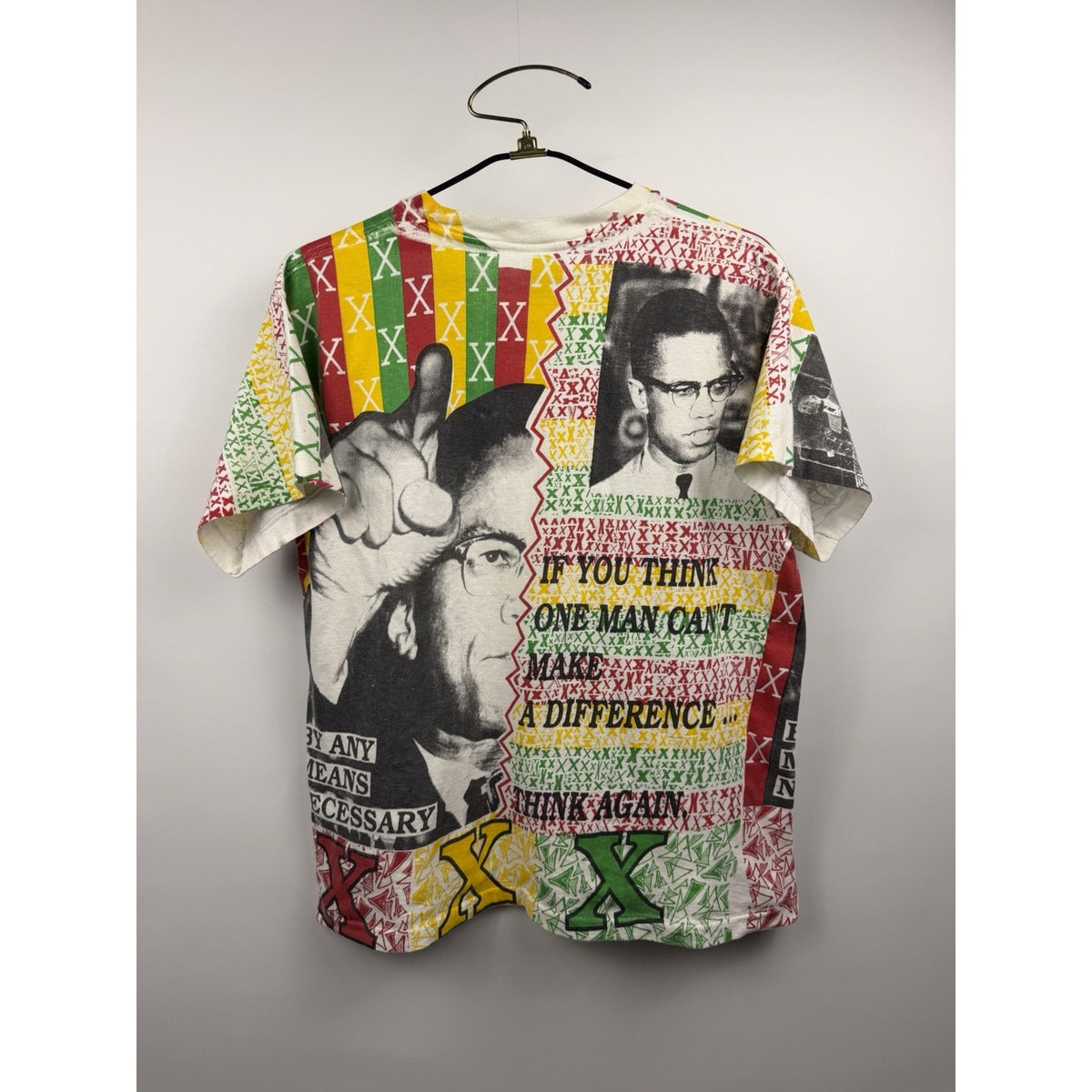 Vintage 90s Malcolm X "By Any Means Necessary" all over print tee, L