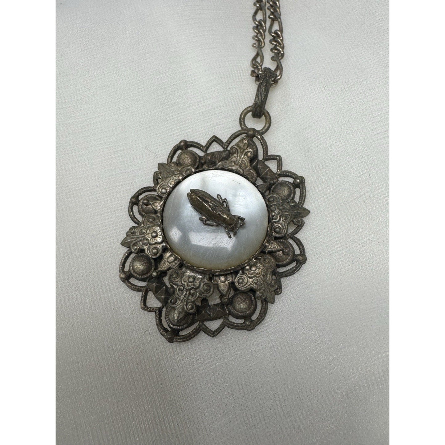 Antique c. 1820–1845 Mother-of-Pearl Cicada Necklace, Open Metalwork Hand Made