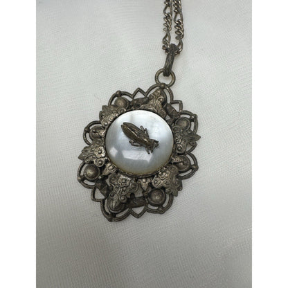 Antique c. 1820–1845 Mother-of-Pearl Cicada Necklace, Open Metalwork Hand Made