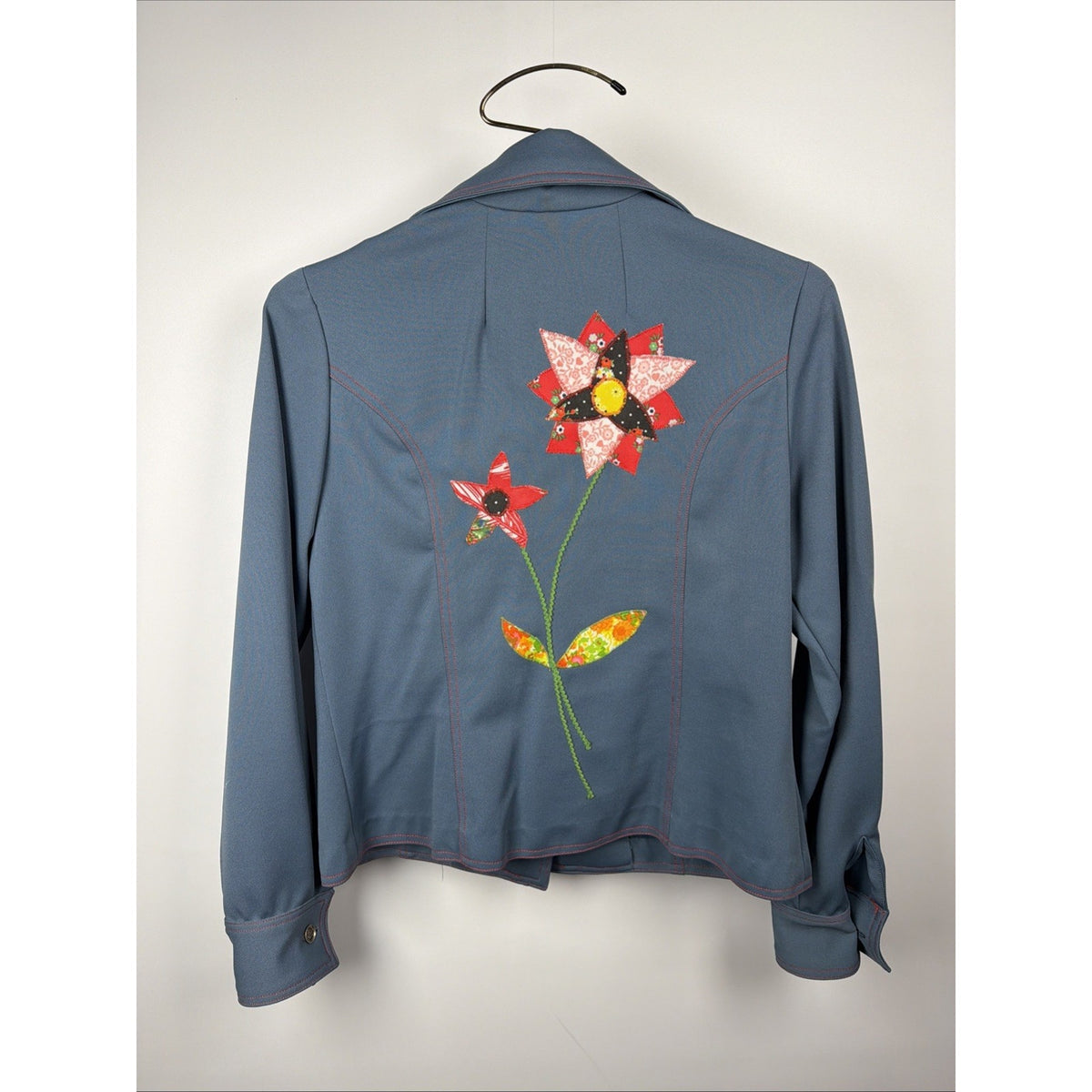 Vtg 70s Poly Chambray Folk Art Shirt Patchwork Appliqué Flowers Hippie