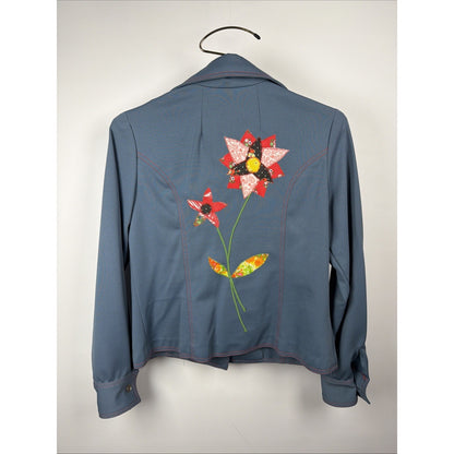 Vtg 70s Poly Chambray Folk Art Shirt Patchwork Appliqué Flowers Hippie