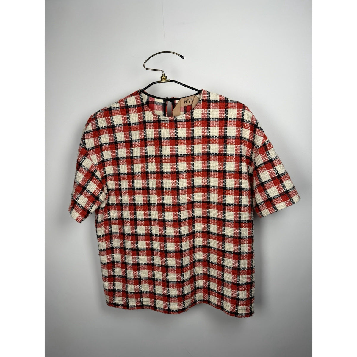N21 Women Boucle Cotton Woven Top Large Blue/red/white Plaid 40 21x24