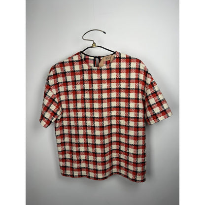 N21 Women Boucle Cotton Woven Top Large Blue/red/white Plaid 40 21x24