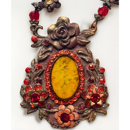 Antique Victorian Painted Glass Floral Necklace Bronze Red Glass Pendant
