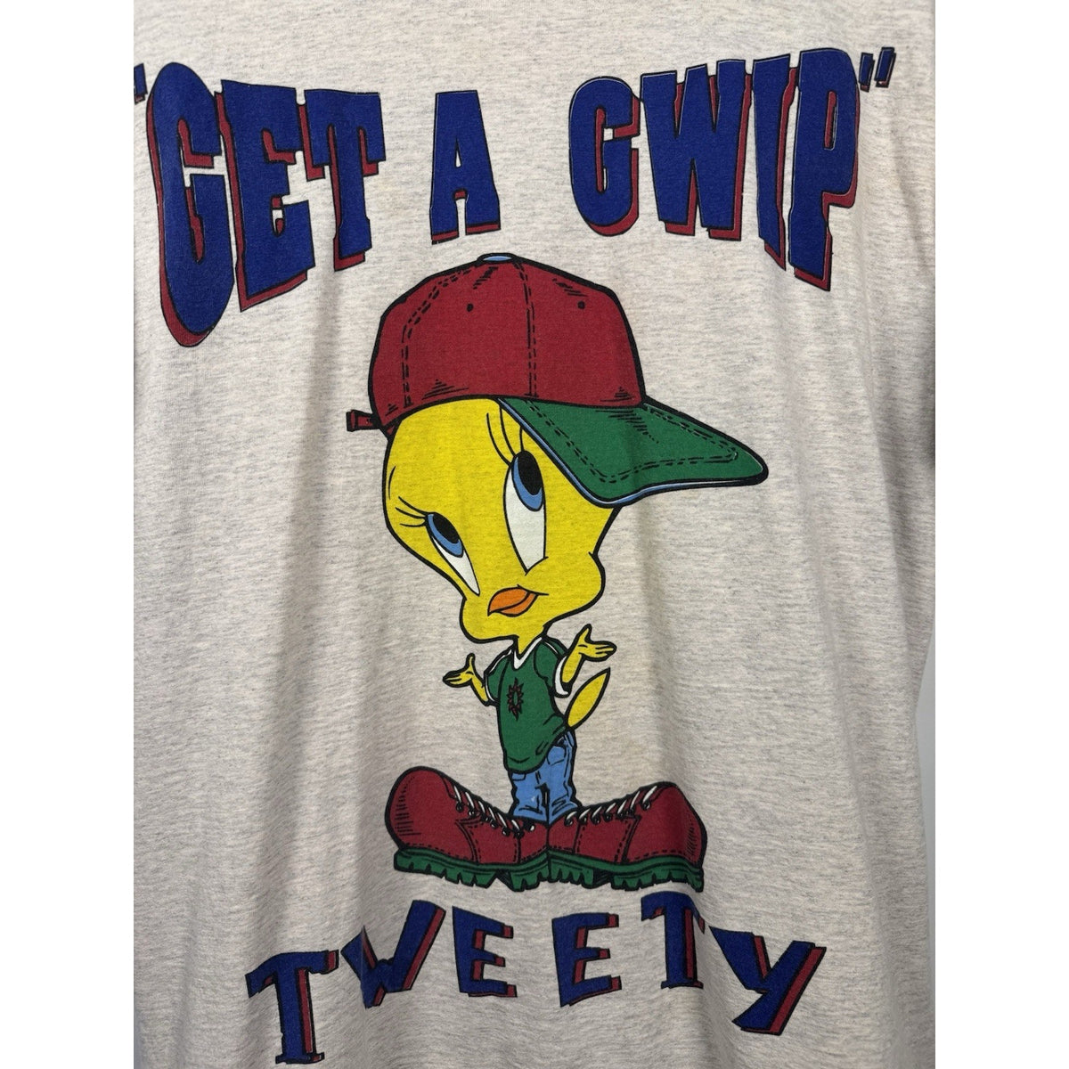 Vintage 1996 Tweety Bird Get a Gwip Tee Looney Tunes Hip Hop Cartoon Gray XL