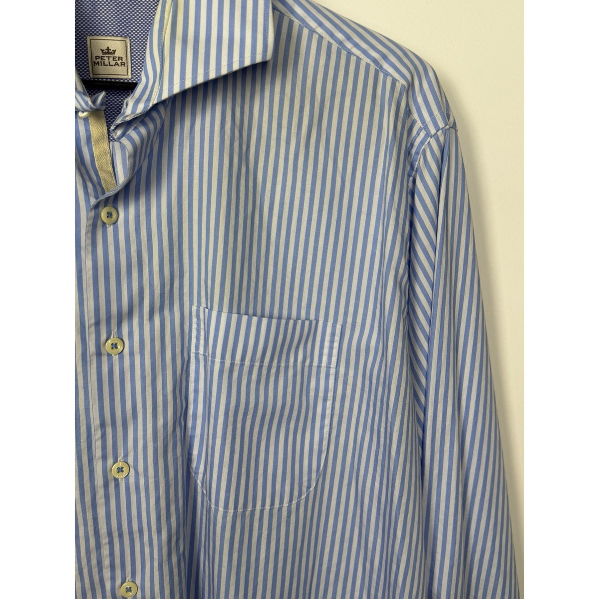 Peter Millar Seaside Finish Men's Blue Stripe Dress Shirt Extra Large Cotton