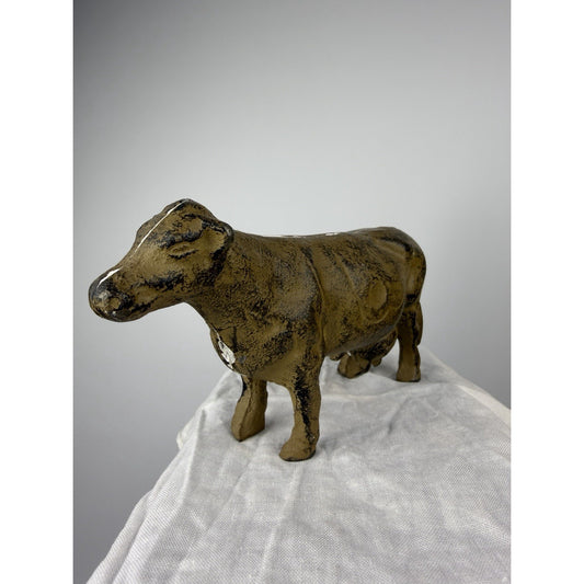 Vintage Cast Iron Cow Figurine 6" Farm Animal Statue Rustic Brown Bull Decor